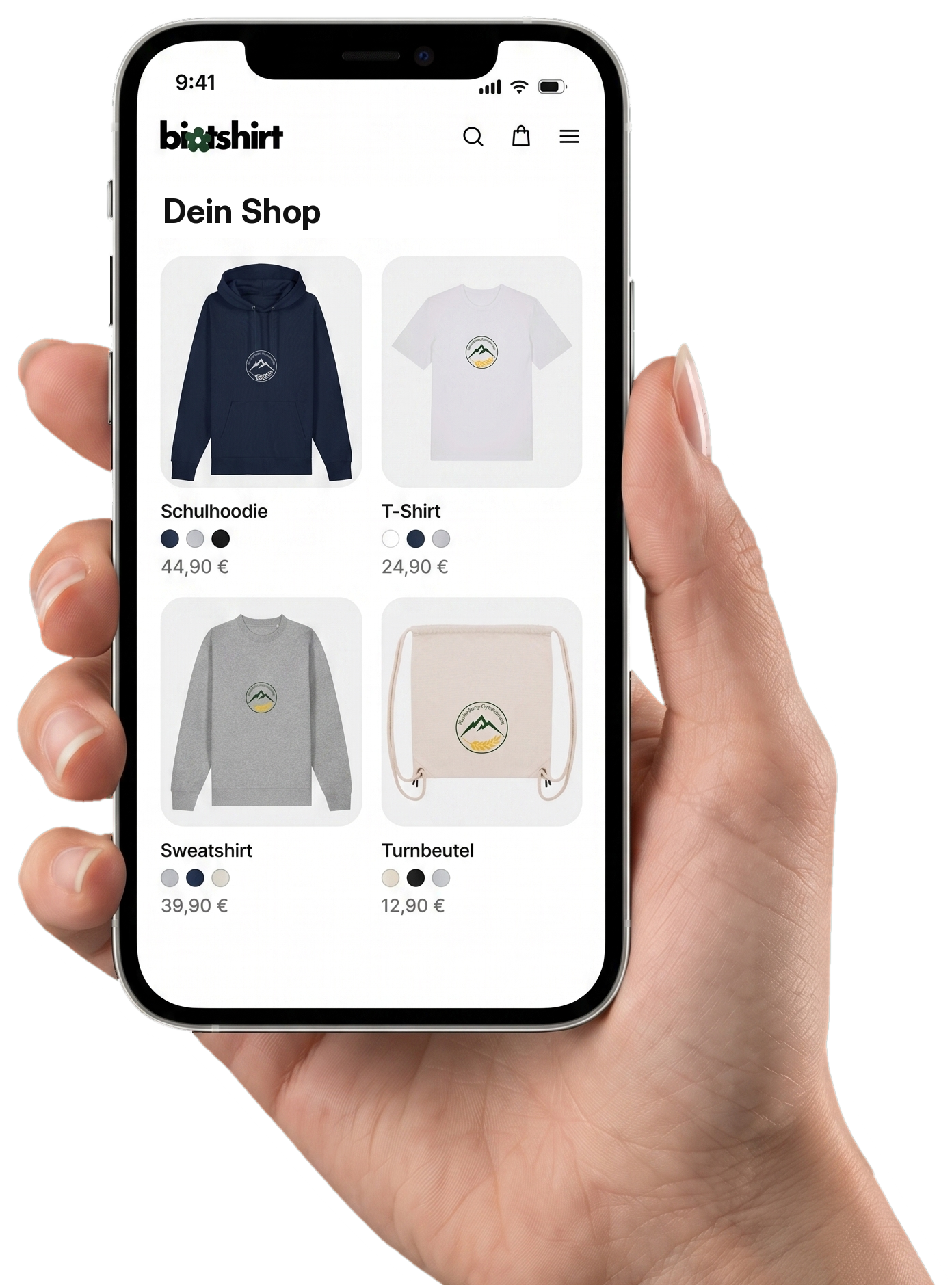 Hand hält ein Handy mit einem Merch-Shop, als Sticker freigestellt