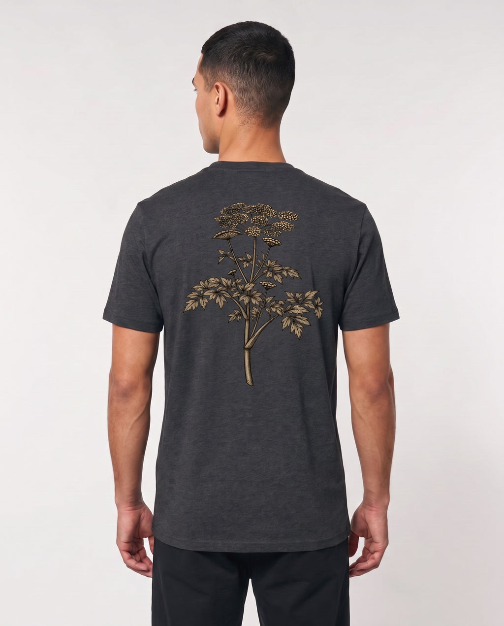 Mediumweight T-Shirt Engelwurz Stammeszeit - model-hinten - Dark Heather Grey