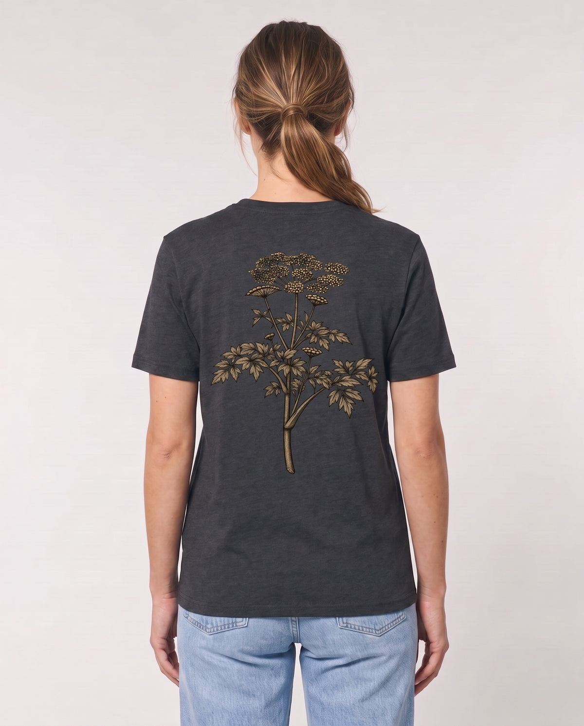 Mediumweight T-Shirt Engelwurz Stammeszeit - model-hinten - Dark Heather Grey